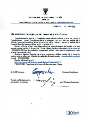 Kvietimas į Pirmąjį Pasaulio Pasvaliečių suvažiavimą ir darbo programa