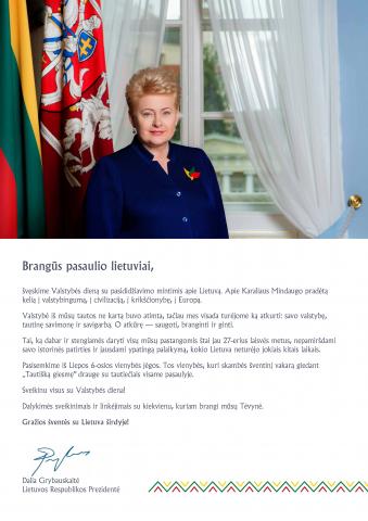 Prezidentės sveikinimas pasaulio lietuviams
